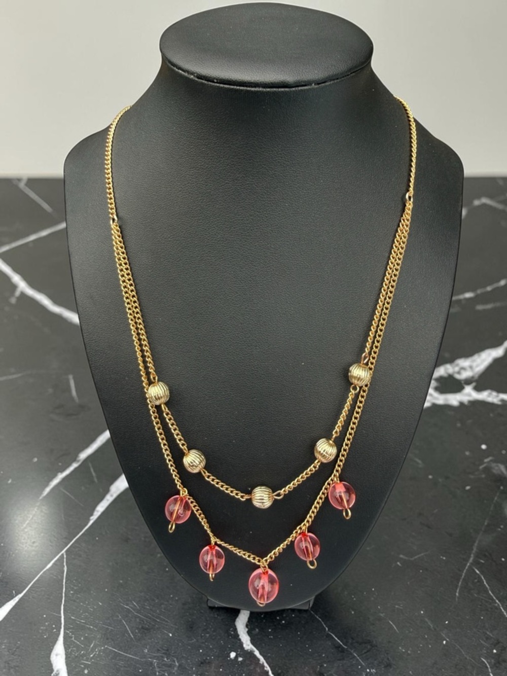 Vintage Pink Glass Bead Gold Tiered Necklace Double Layer Coquette Fruitcore